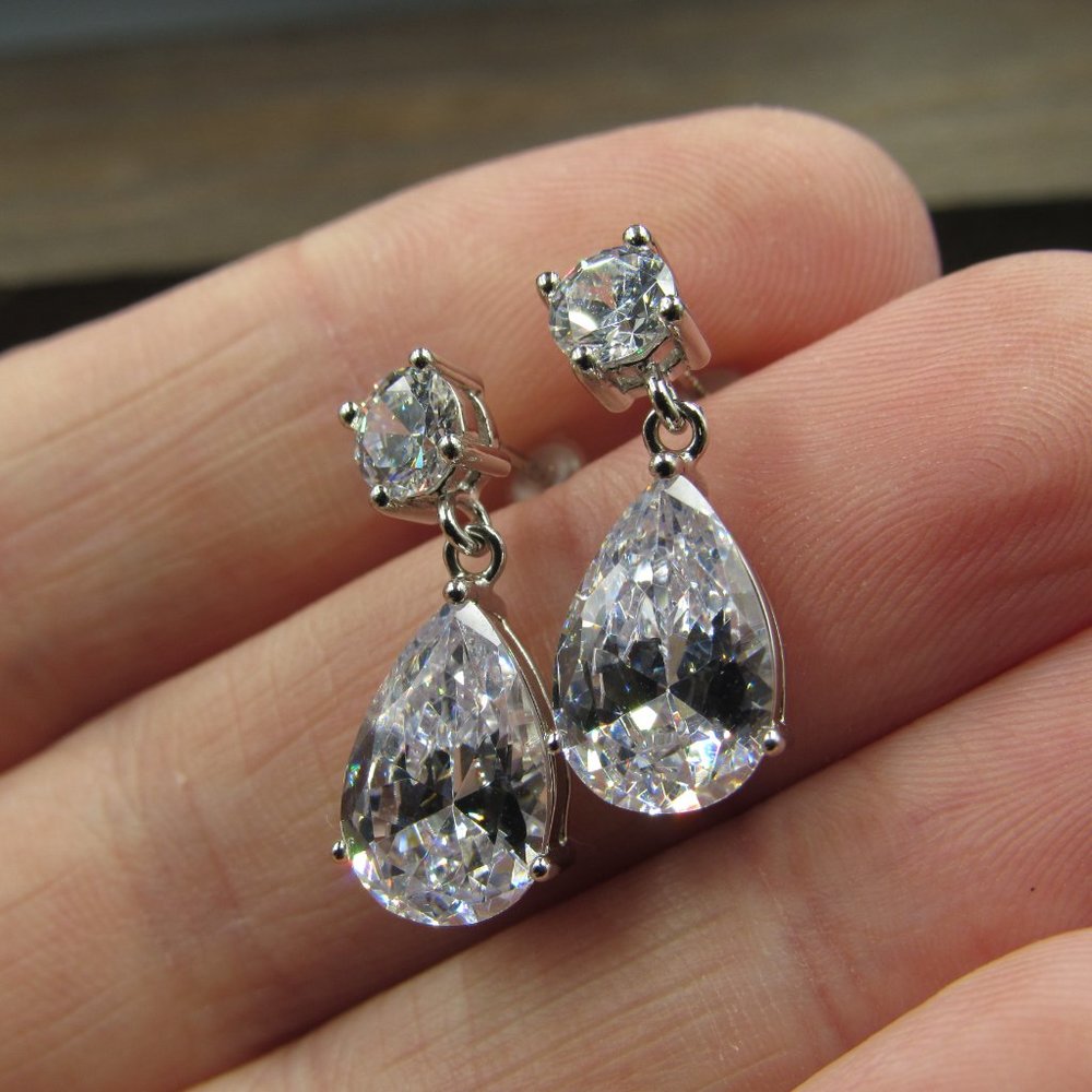 Sterling Pear & Round Cubic Zirconia Earrings - Picture 4 of 8
